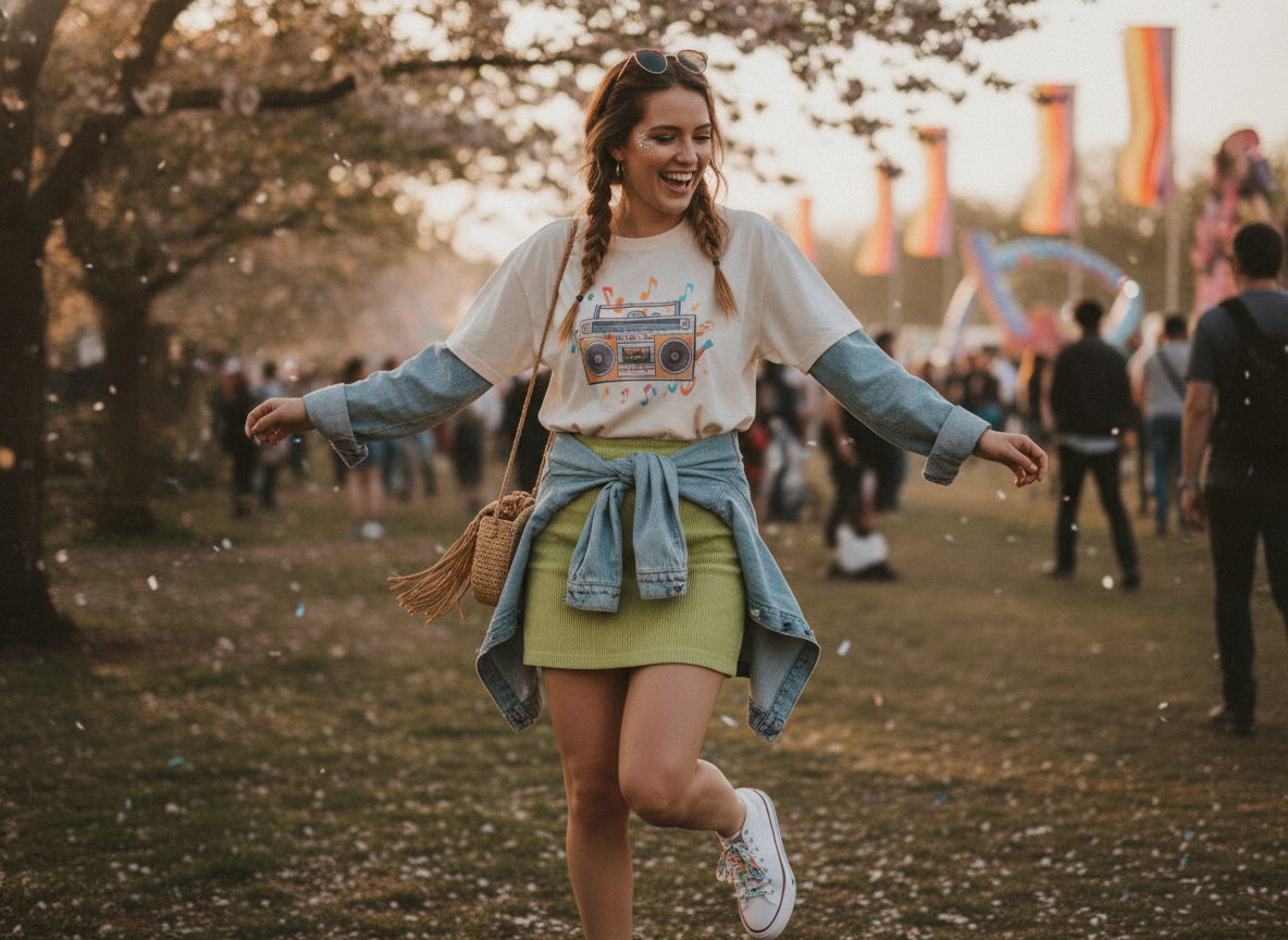 green mini skirt with graphic tee and white sneakers