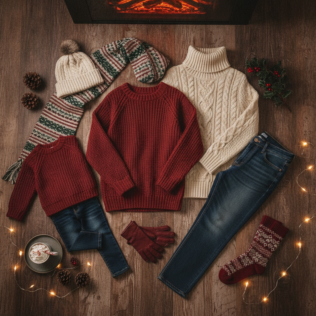 Winter holiday outfit coordination in cranberry and cream