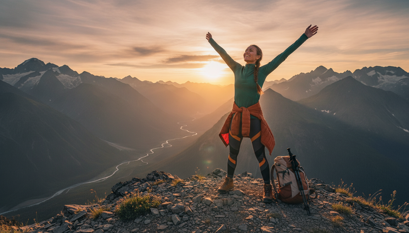 confident woman in cute hiking outfit on mountain summit