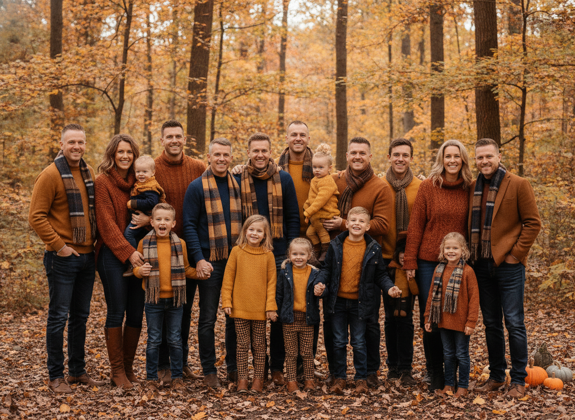 Family wearing rust and navy fall outfits outdoors