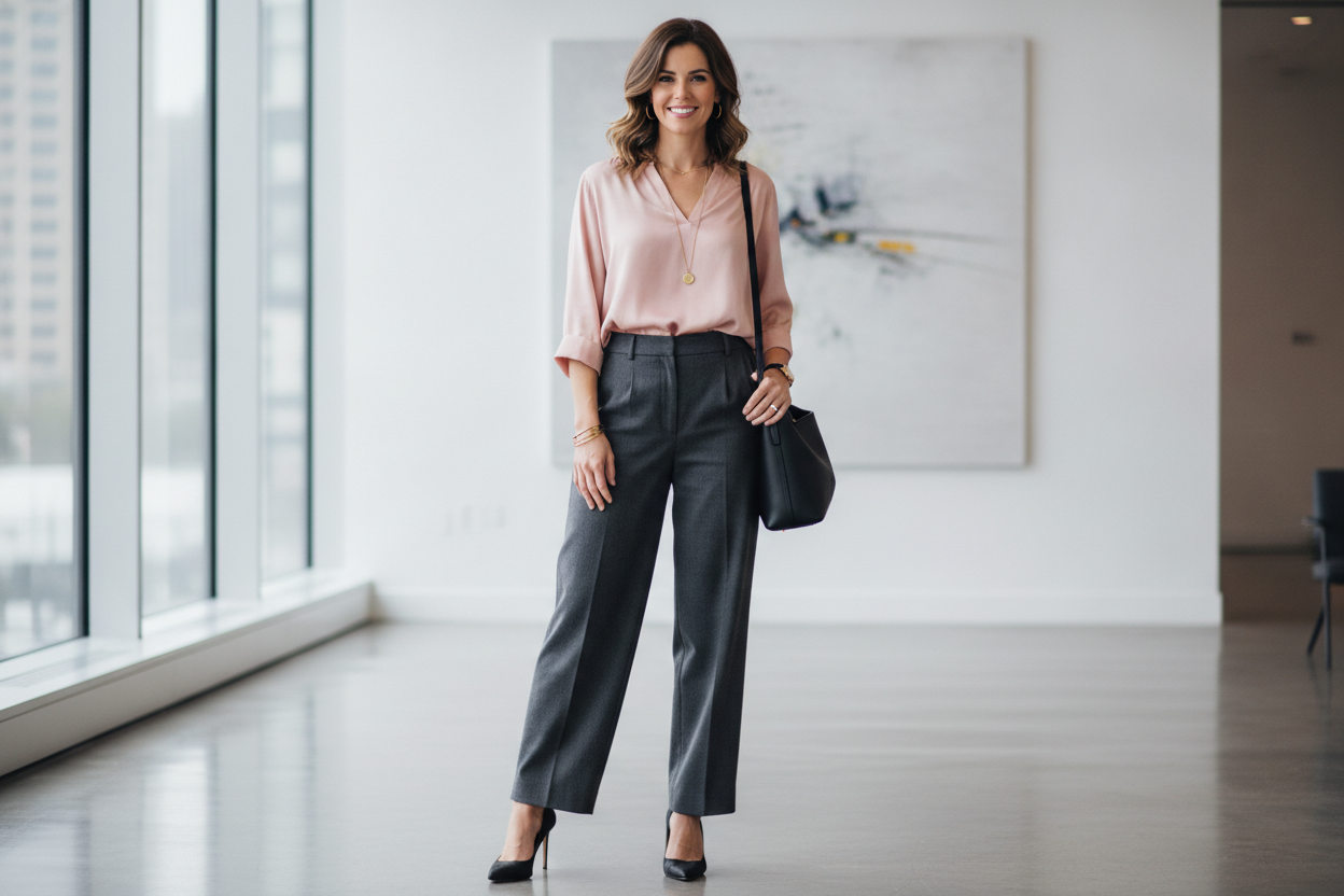 Trousers with silk blouse and pumps