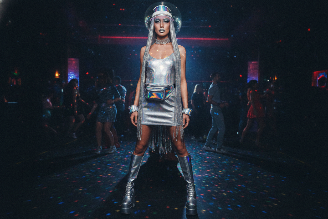 Metallic silver 90s club outfit dress futuristic