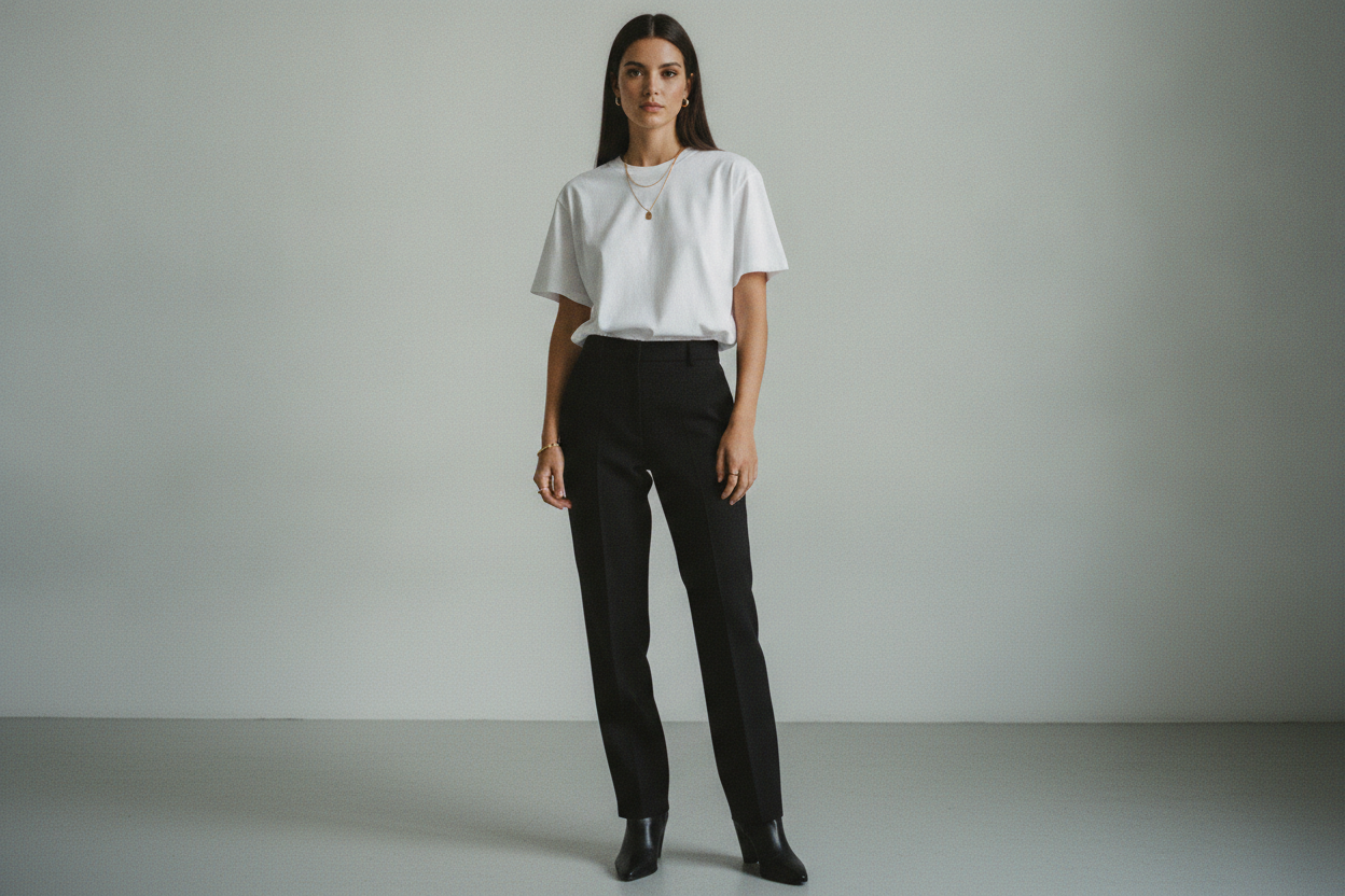 White t-shirt minimalist 90s outfit with black pants