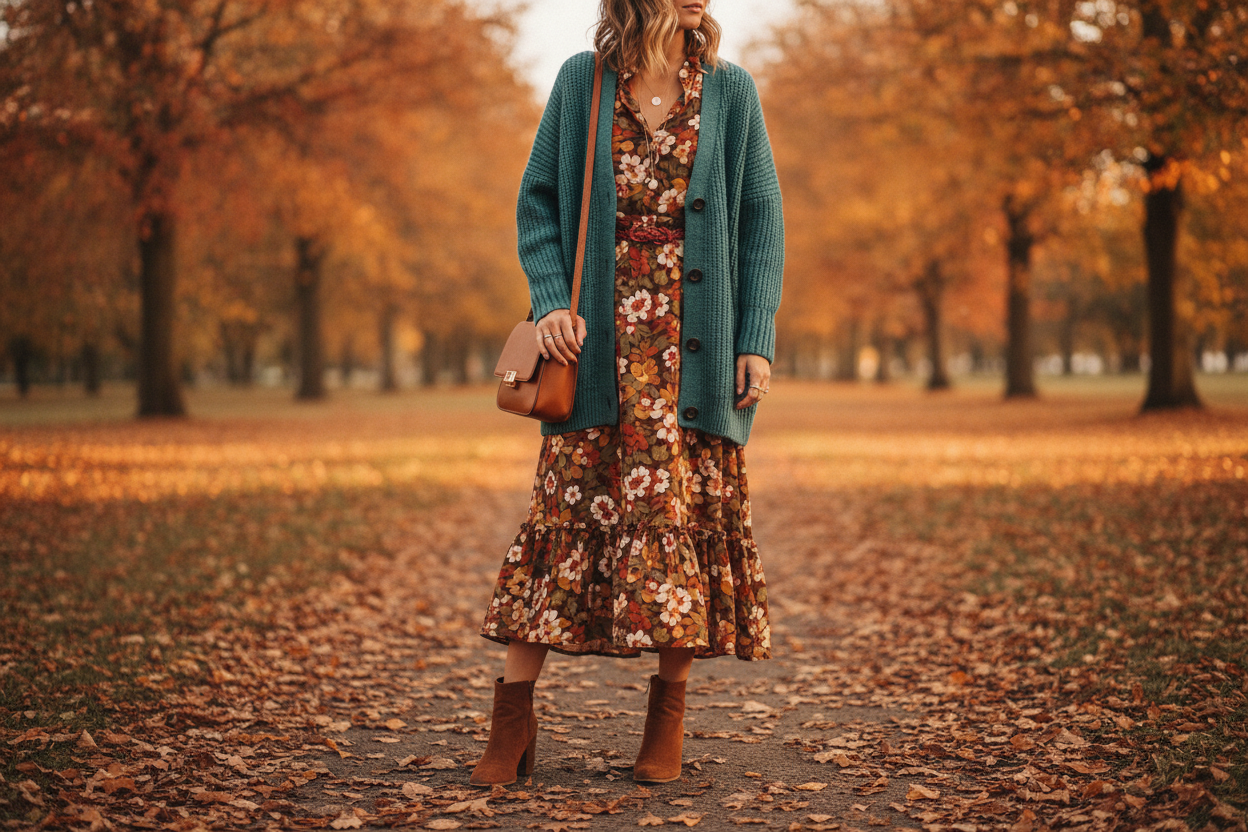 teal knit cardigan layered over floral print dress for transitional fall style