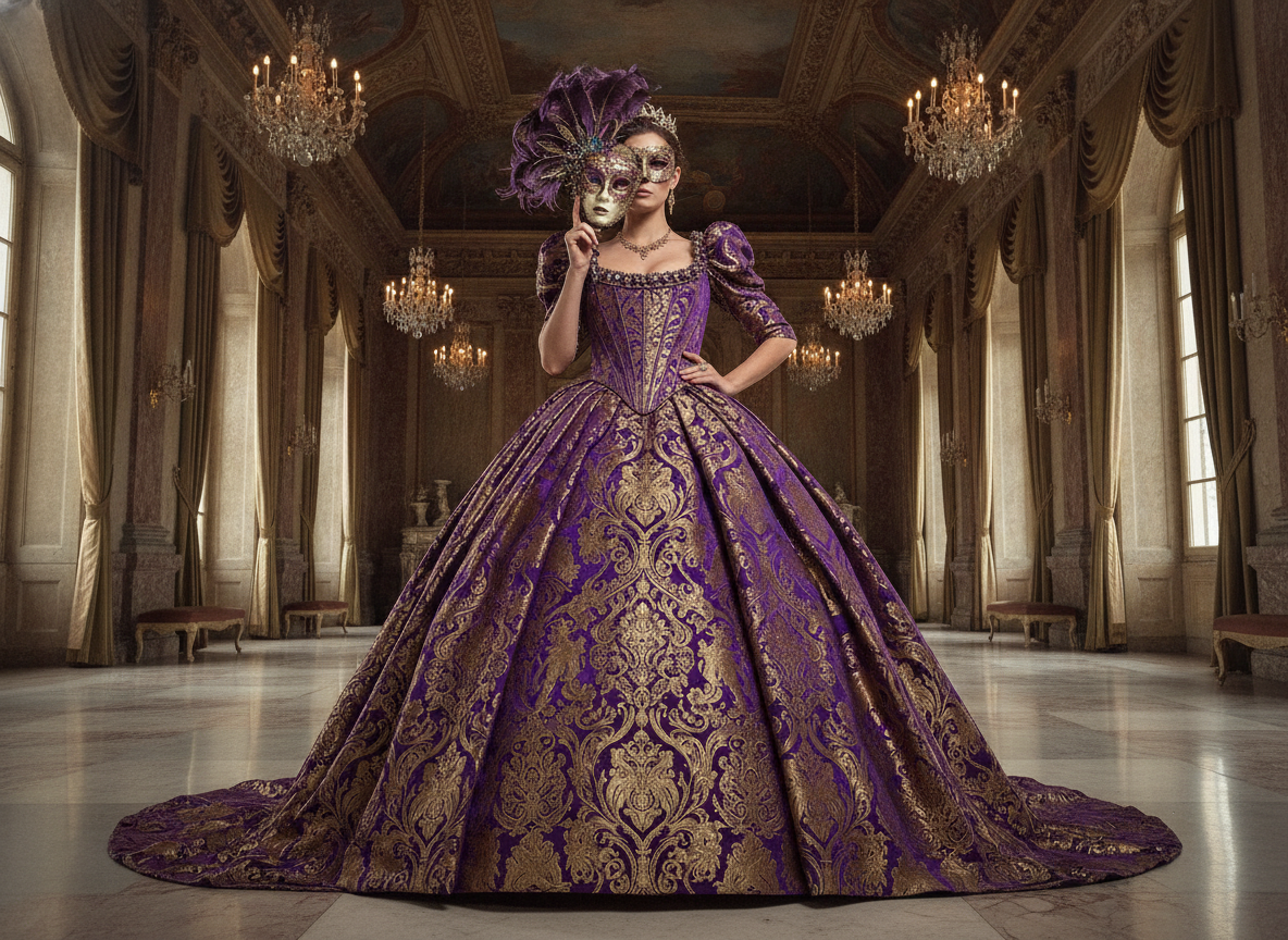 Purple brocade masquerade ball gown with regal details