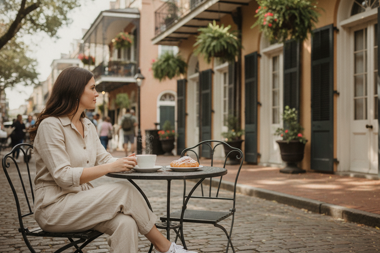 Casual jumpsuit outfit for New Orleans café culture