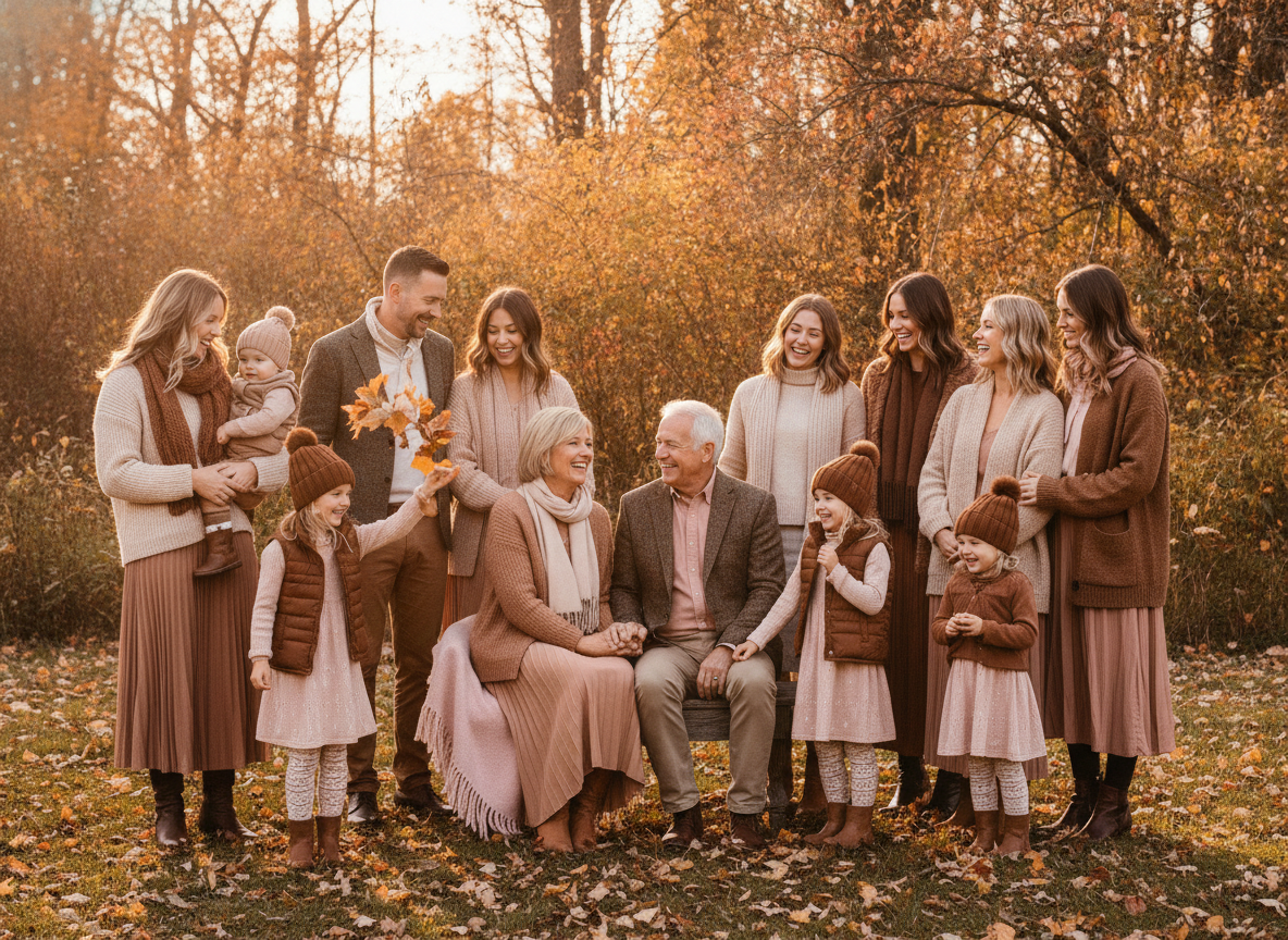 Family in chocolate brown and blush fall outfit coordination