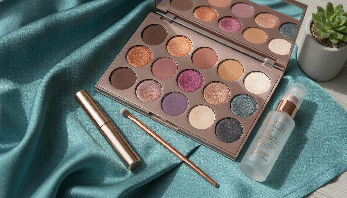 makeup palette and beauty products in coordinating colors for teal outfits