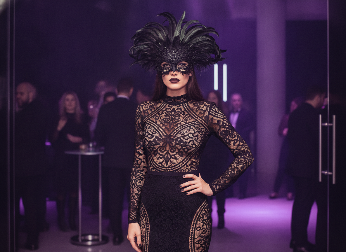 Black lace bodycon masquerade dress with dramatic styling