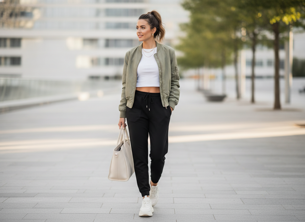 Joggers with crop top and bomber jacket outfit