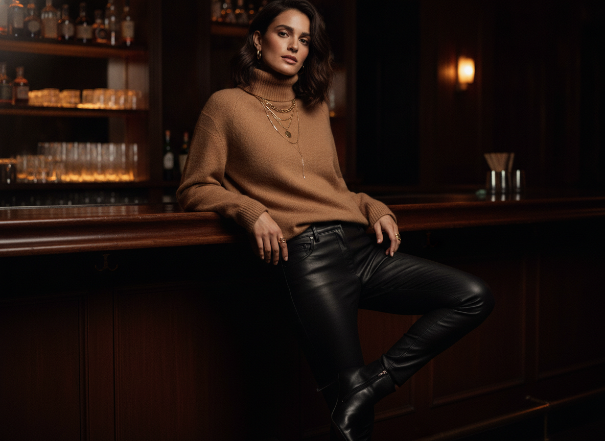 winter bar outfit with sweater and ankle boots