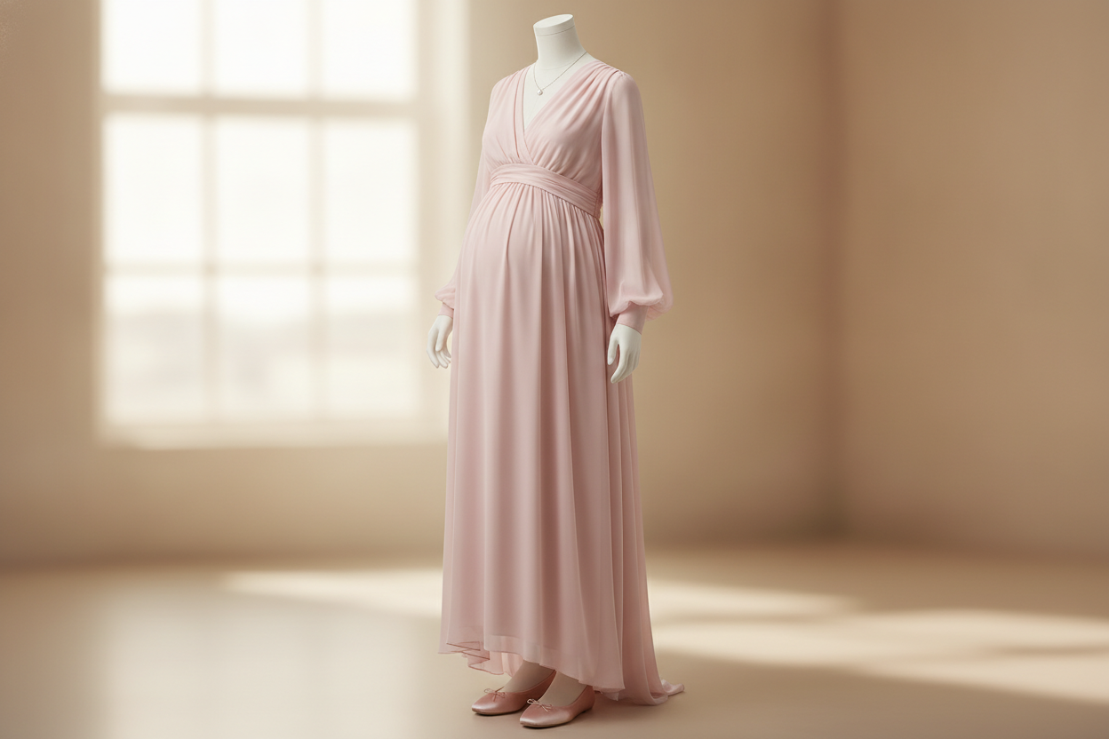 Empire waist maternity-friendly dress for gender reveal party guest