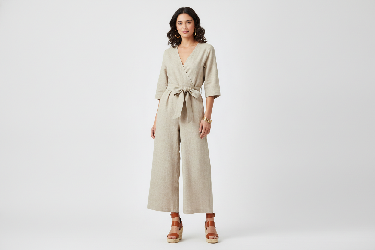 Beige casual jumpsuit with wedges styled for a gender reveal party guest