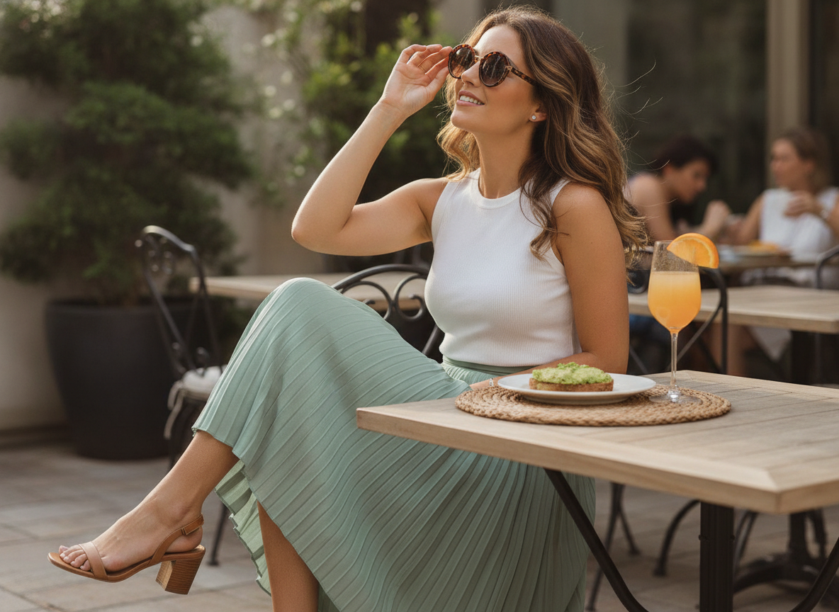 brunch outfit with green skirt