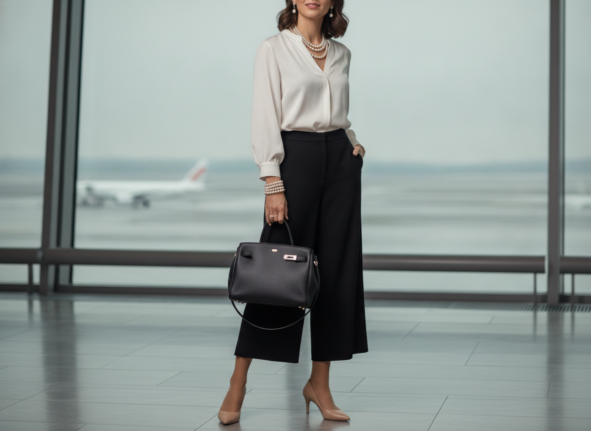 culottes and blouse sophisticated travel outfit