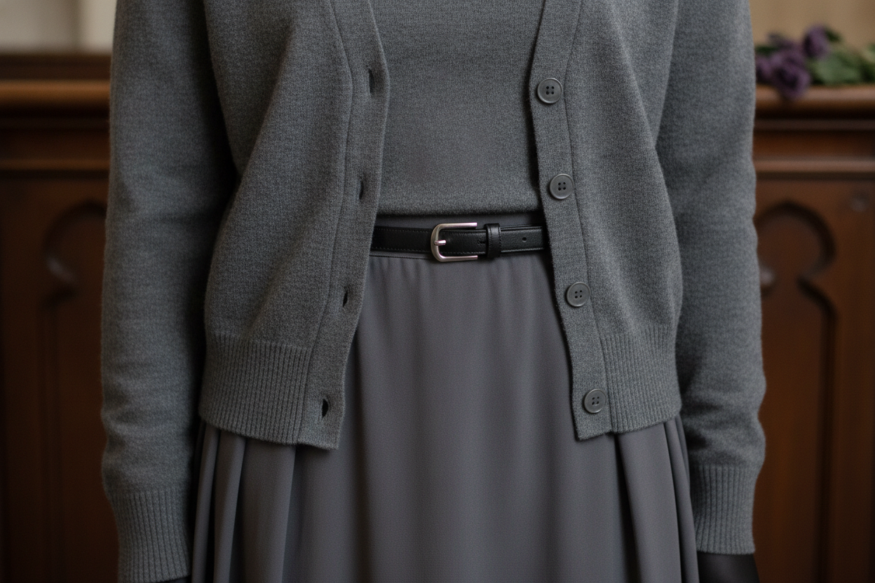 Charcoal gray cardigan set showing soft professional styling