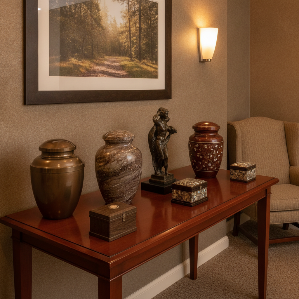 Elegant cremation urn display at funeral home