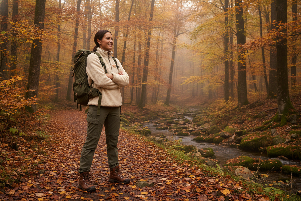 fleece sweater and cargo pants for hiking