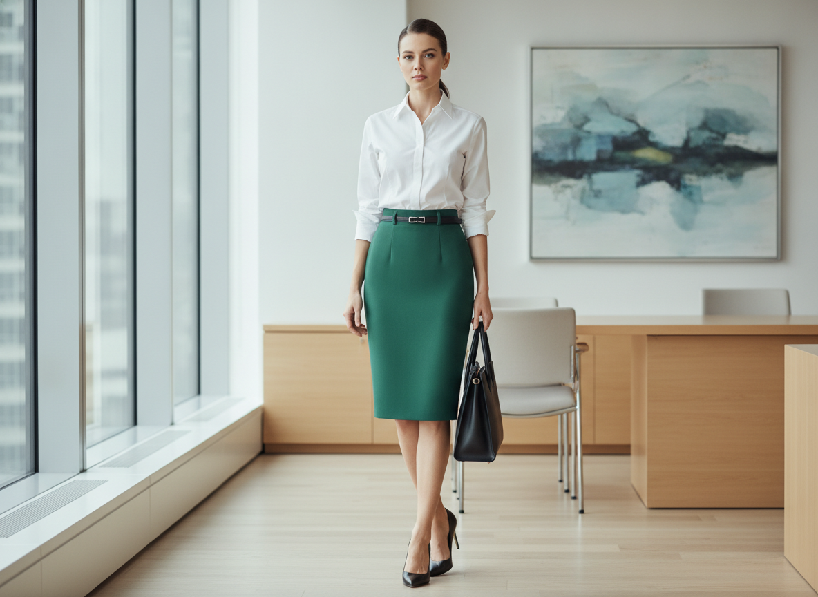 green pencil skirt with white dress shirt and black leather pumps