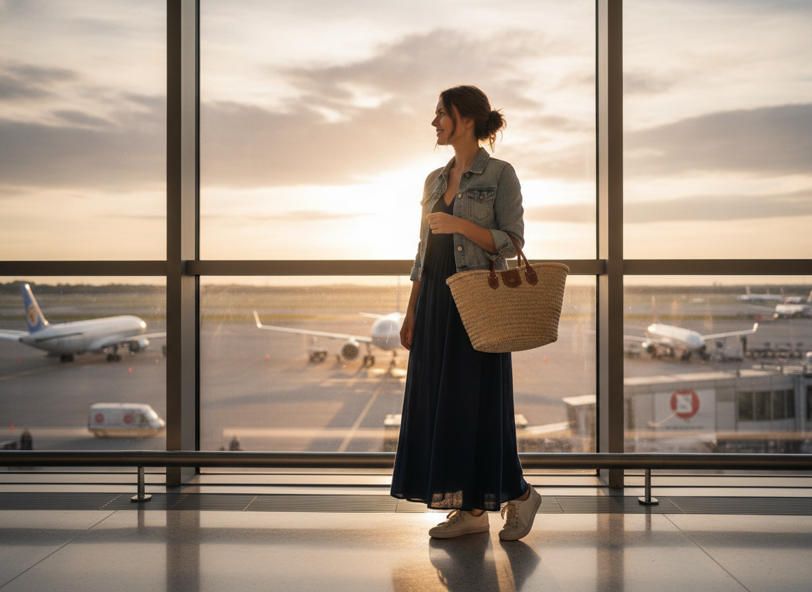 maxi dress with denim jacket for overnight flight