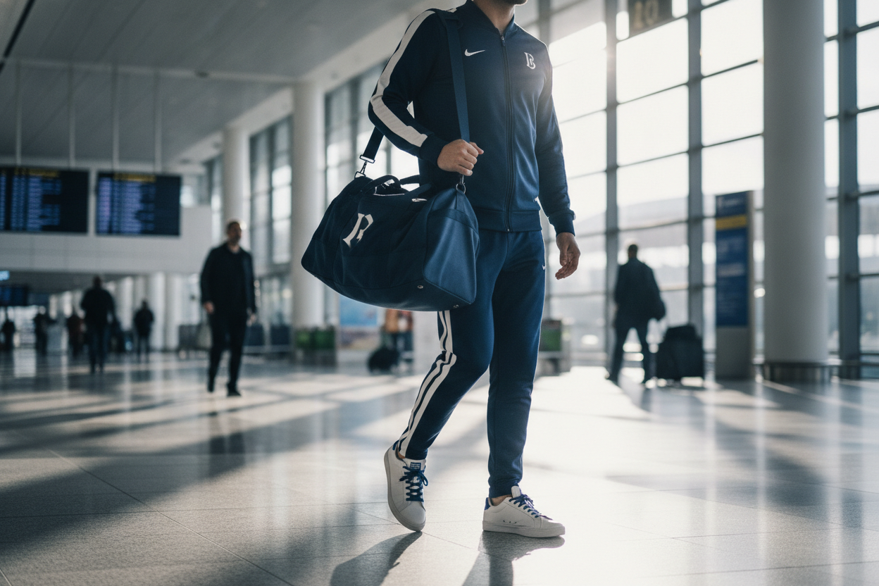 track pants and zip jacket sporty travel outfit