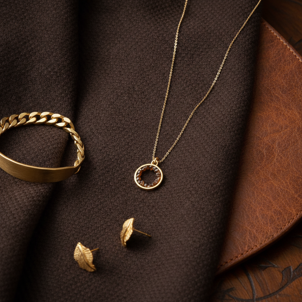 Dark brown dress fabric and accessory details