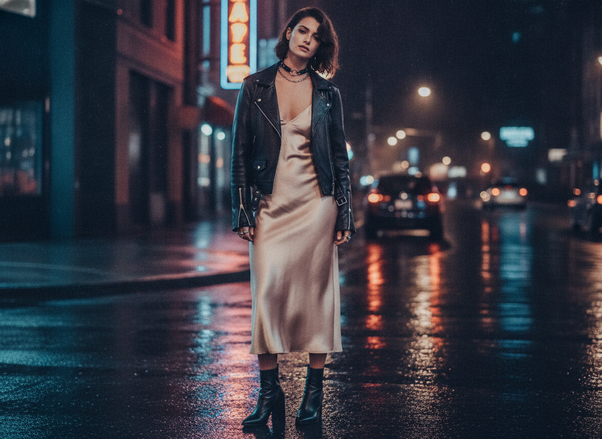Slip dress with leather jacket and boots