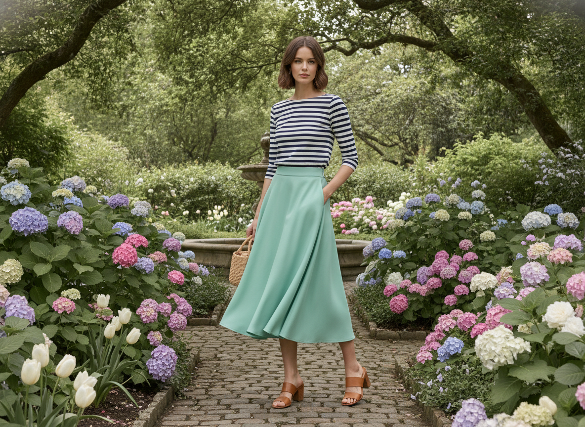 green A-line skirt with striped shirt and heeled sandals