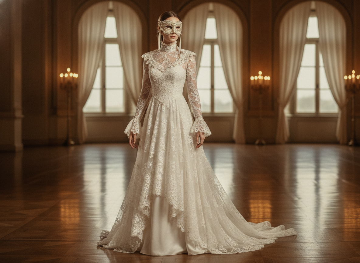 Ivory lace masquerade gown with Victorian styling