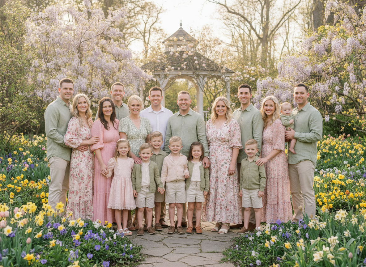 Family members wearing pastel spring colors in outdoor garden setting