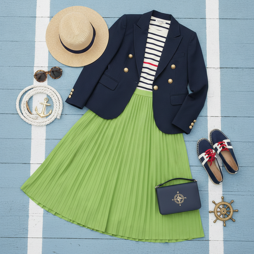 green skirt with navy pieces