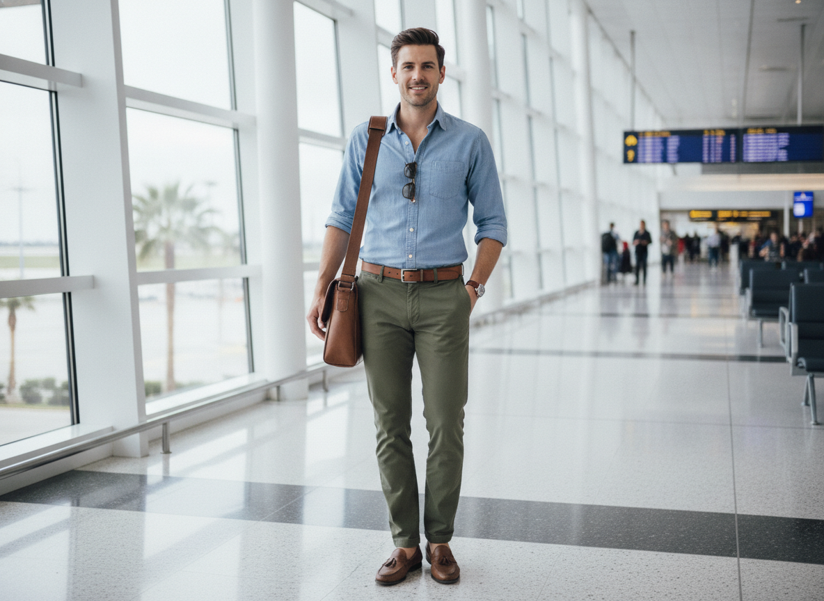 tapered pants and chambray shirt smart casual outfit