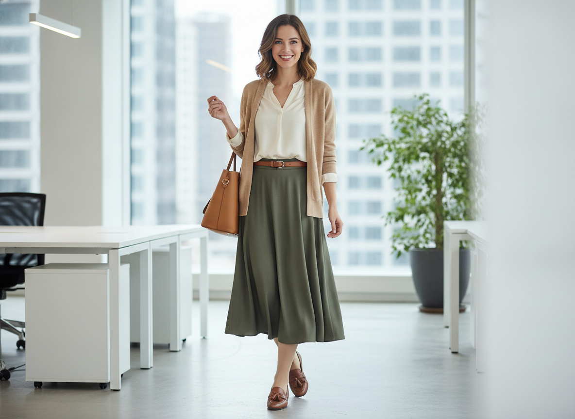 business casual green skirt outfit
