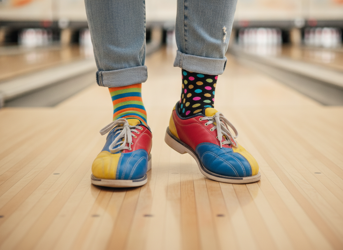 bowling shoes coordinated with cute socks and casual outfit