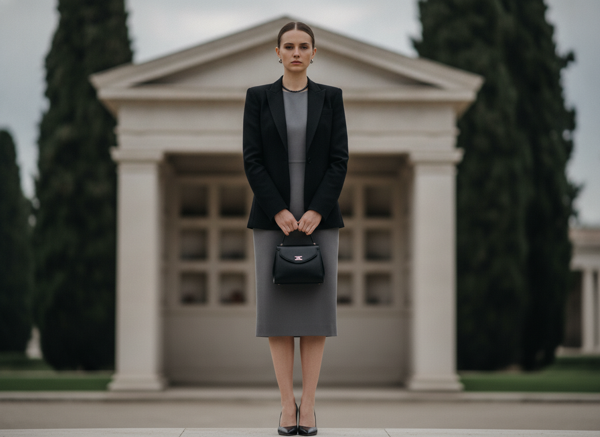 Woman wearing gray dress with black blazer for funeral