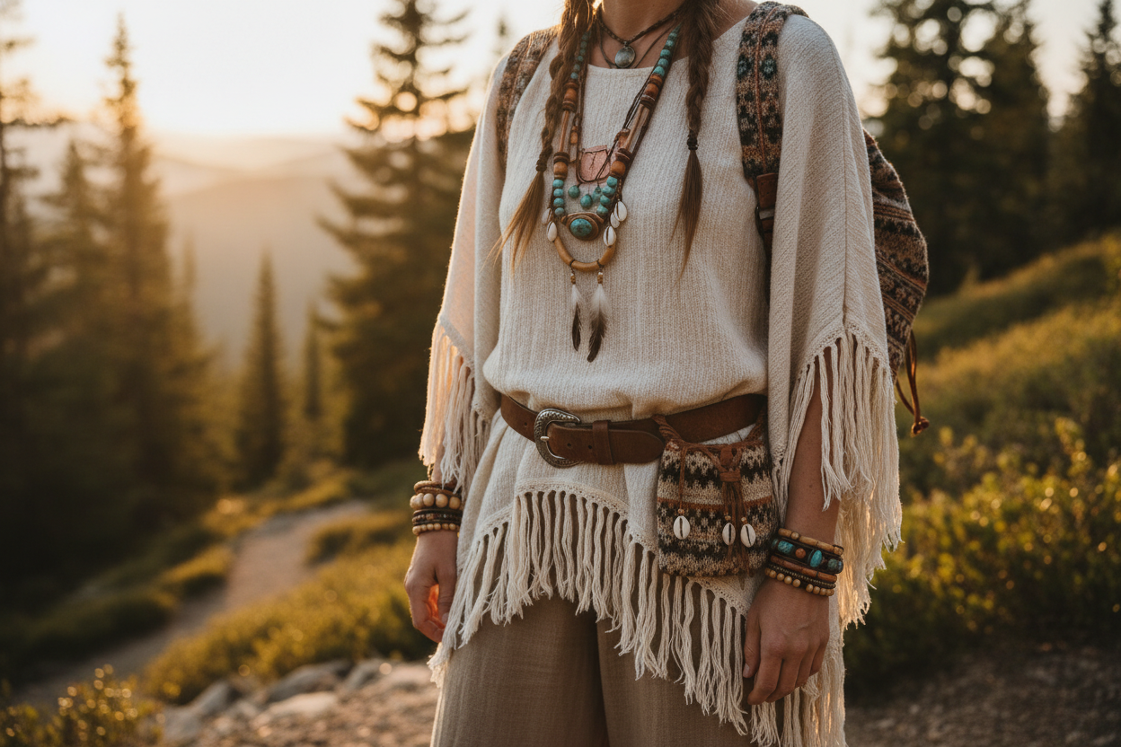 boho style hiking outfit details