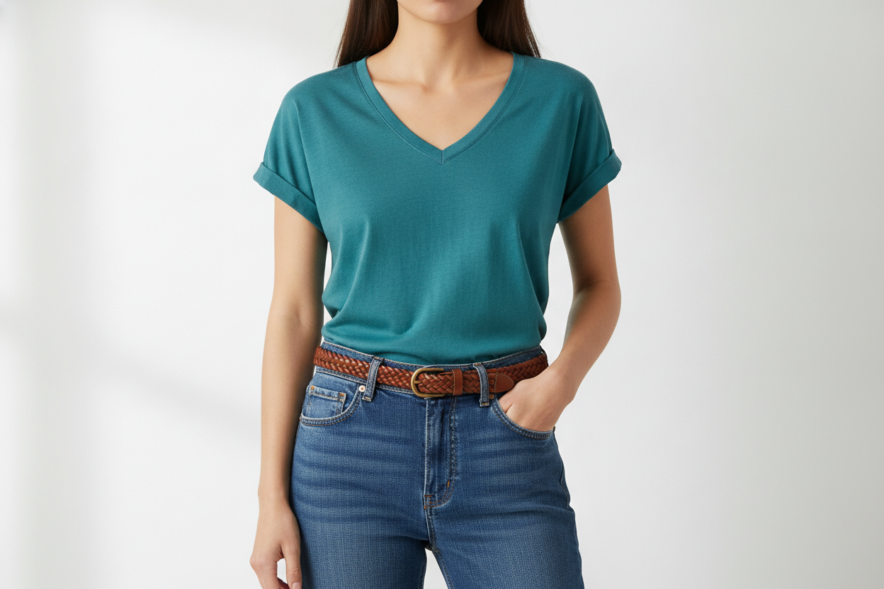 teal cotton v-neck short sleeve tee styled with high-rise denim jeans