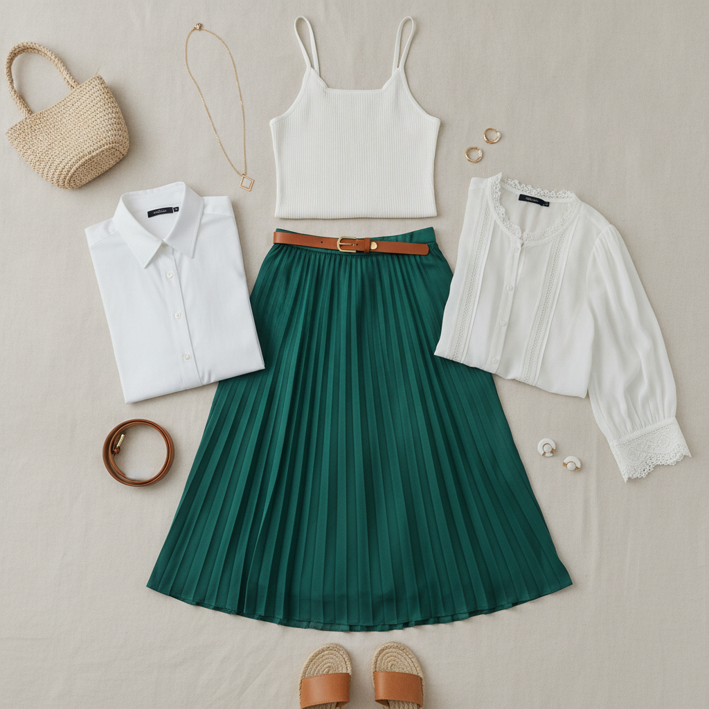 green skirt with white top combination