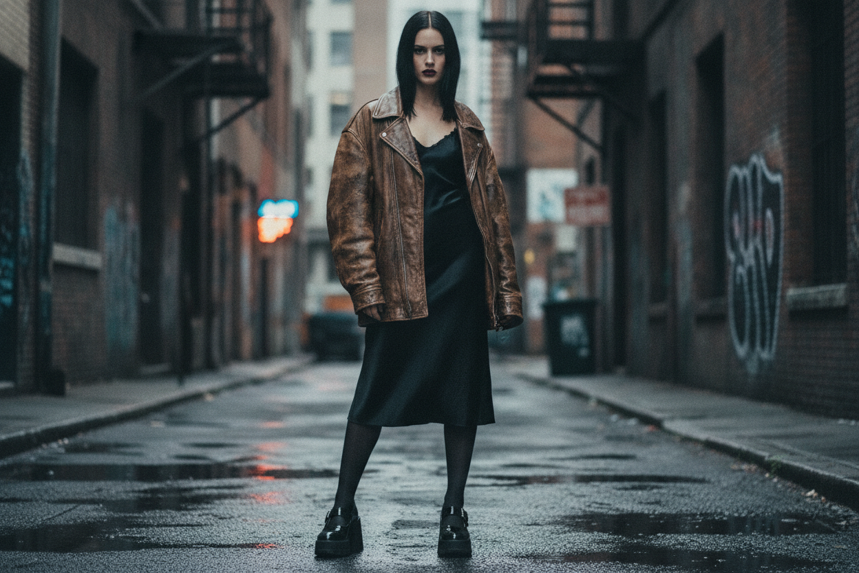 90s slip dress grunge outfit with leather jacket