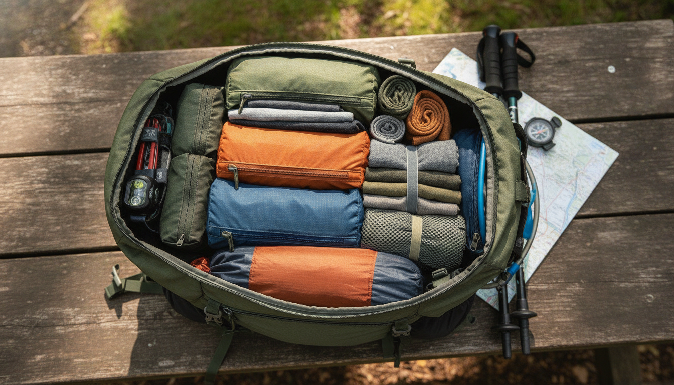 organized hiking clothes packed in backpack