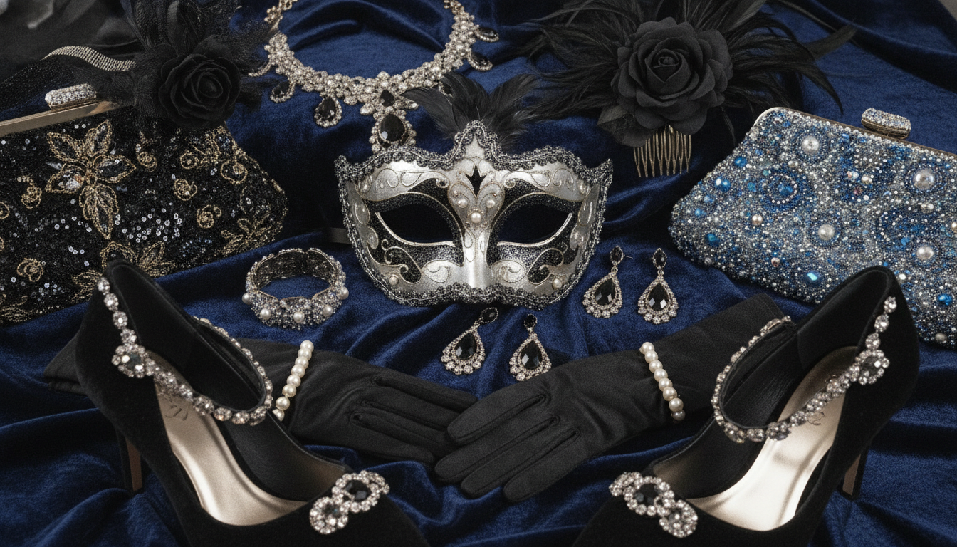 Masquerade party accessories including jewelry, clutches and shoes
