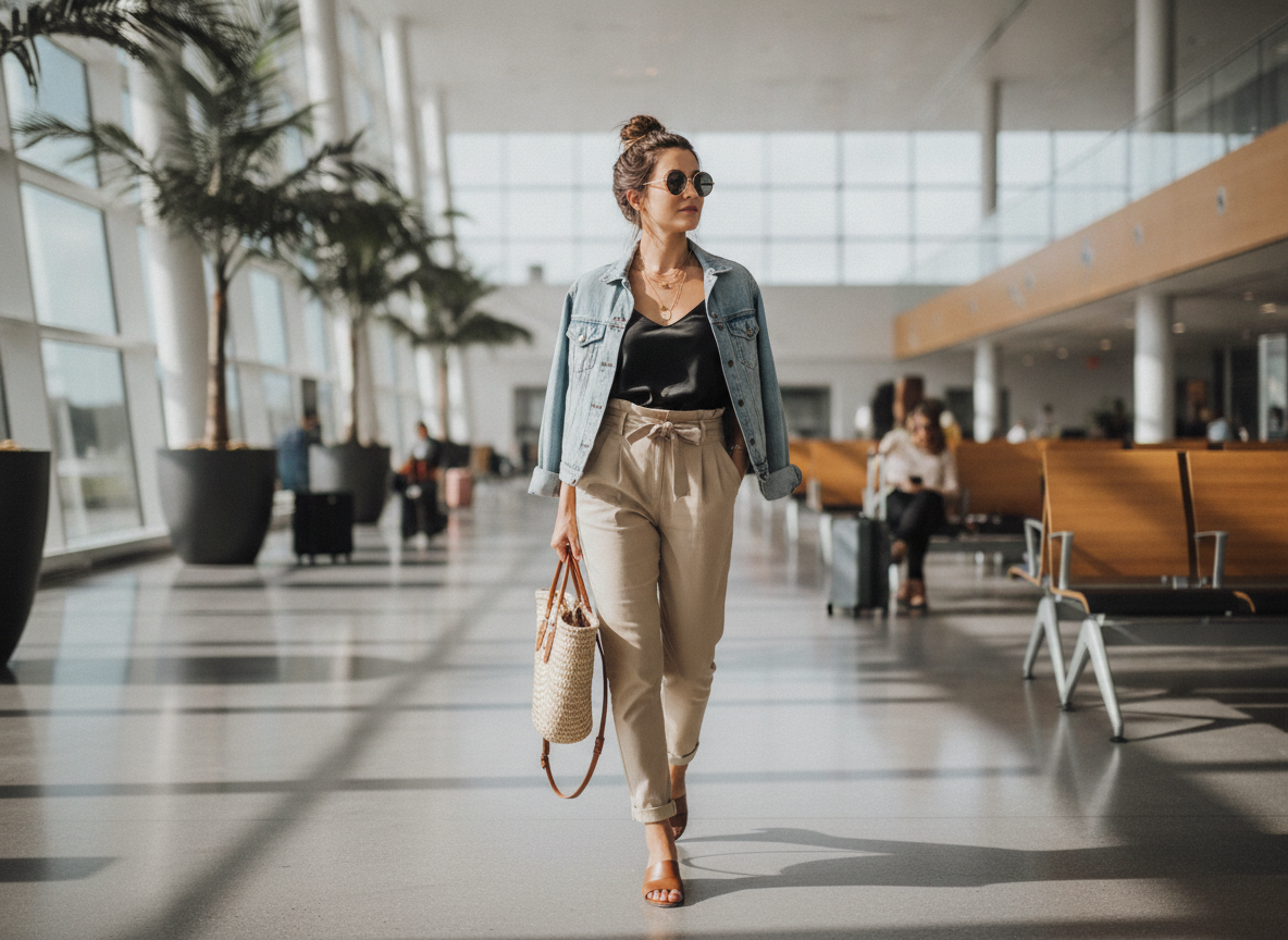 paperbag pants and camisole trendy travel outfit