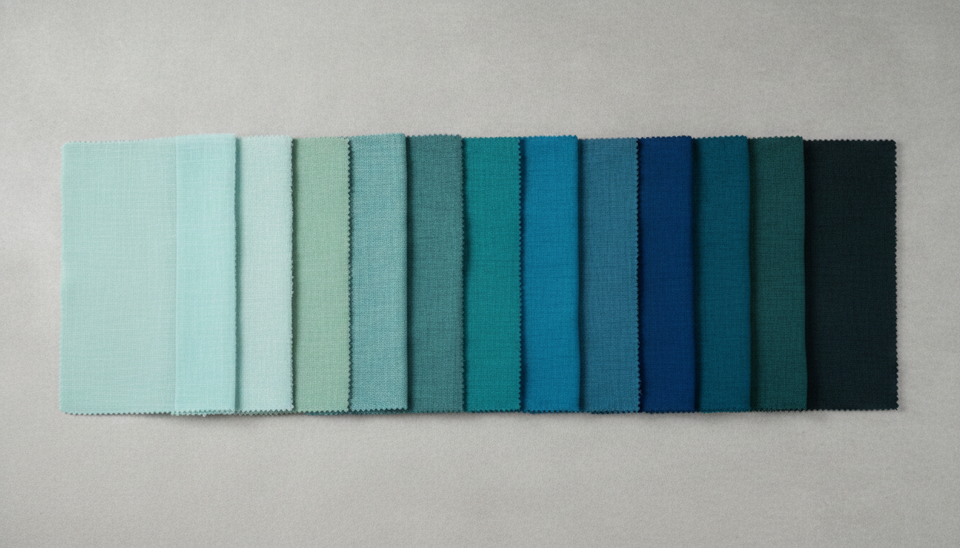 various shades of teal fabric swatches from light to dark