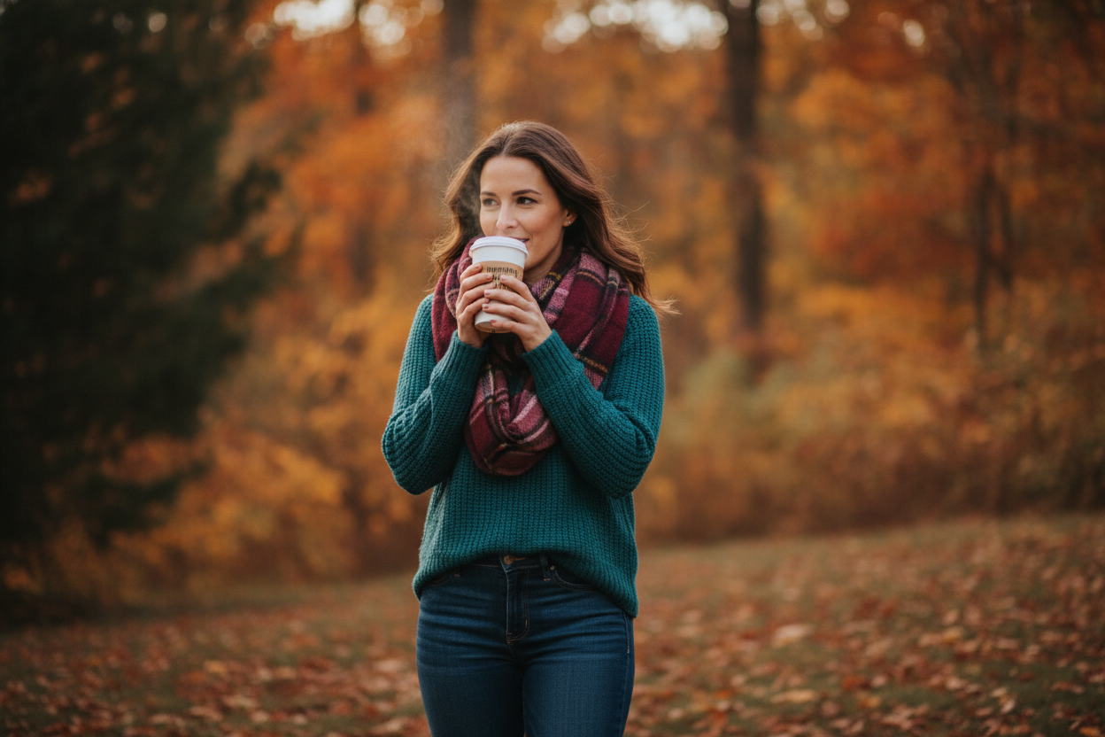 teal crew neck sweater layered with plaid scarf for fall outfit
