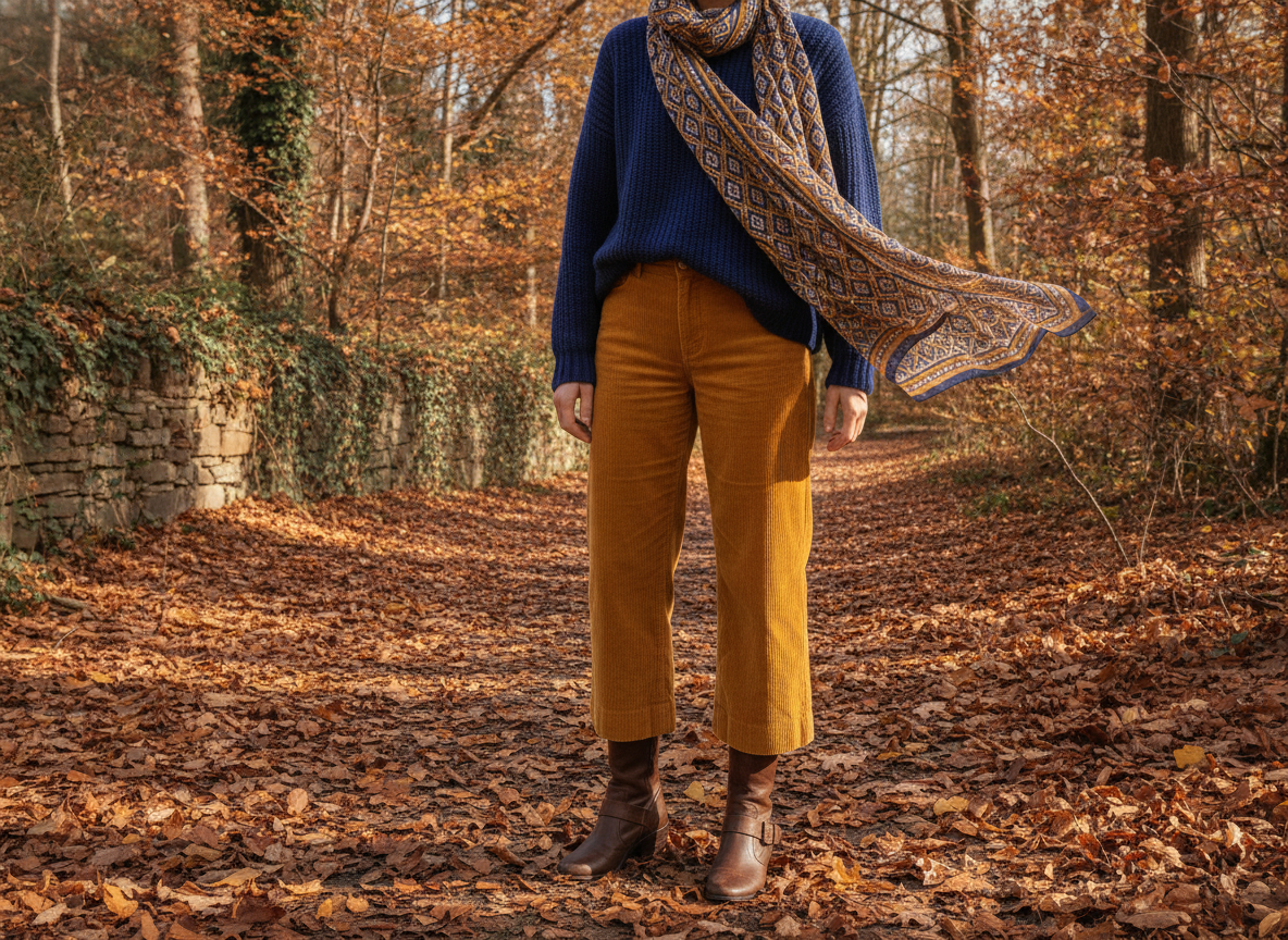 royal blue outfit with mustard yellow fall colors