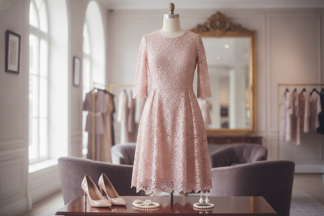 Romantic lace dress styled for upscale gender reveal party