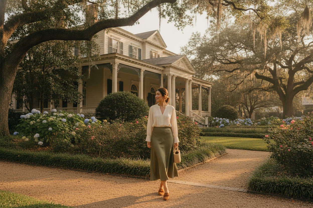 Elegant casual outfit appropriate for Garden District exploring