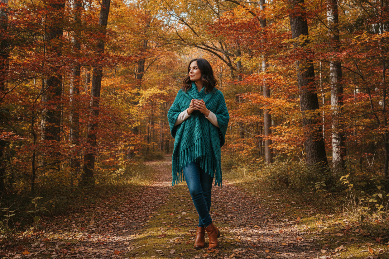 teal knit poncho styled with dark skinny jeans and ankle boots