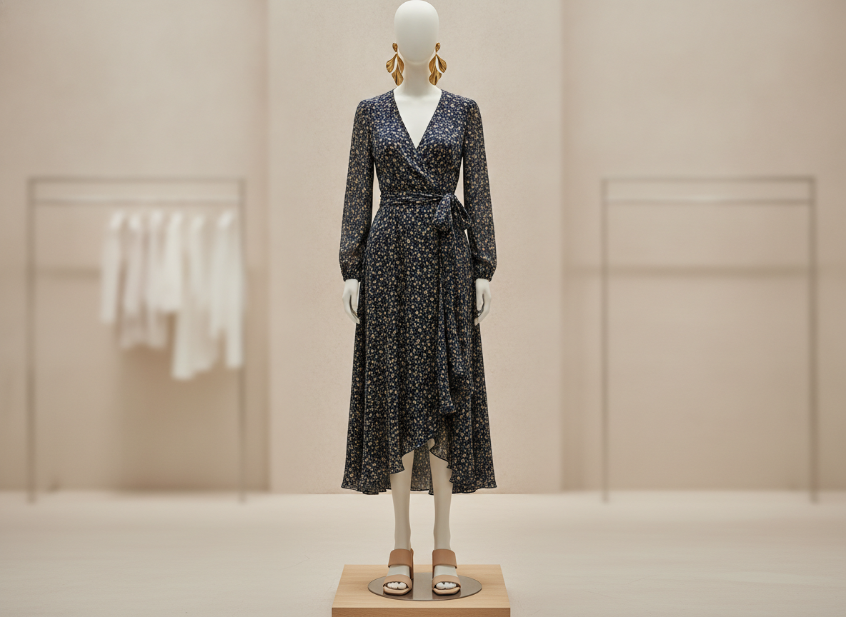 Elegant wrap dress outfit styled for formal gender reveal party