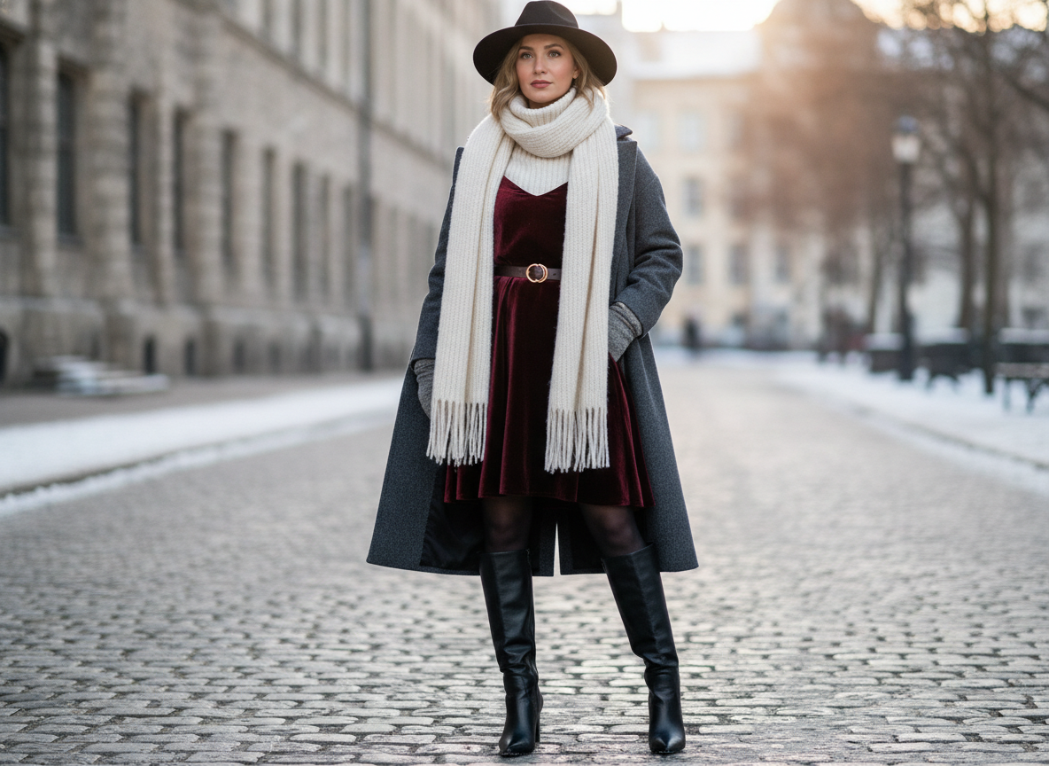Layered turtleneck under dress with boots